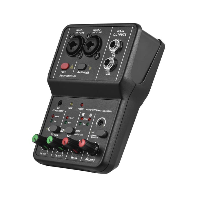 Audio Interface Professionele opnamegeluidskaart 16bit/48kHz Mini USB Audio Interface Geluidskaart 2-In & 2-Uit met 48V Phantom Power USB-B Kabel zwart