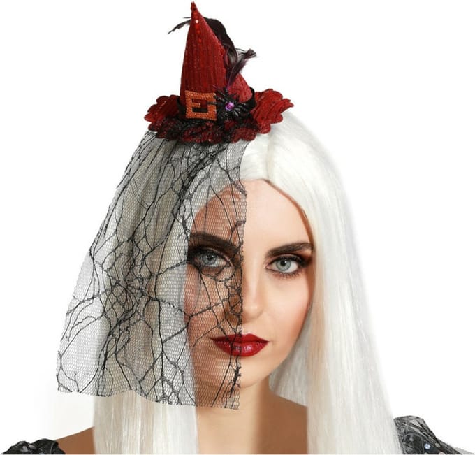 Halloween heksenhoed - mini hoedje op diadeem - one size - rood - met sluier - meisjes/dames