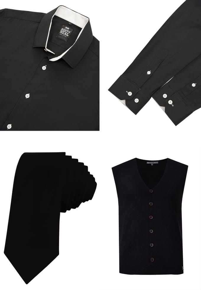 Driedelig pak met overhemd, vest en stropdas