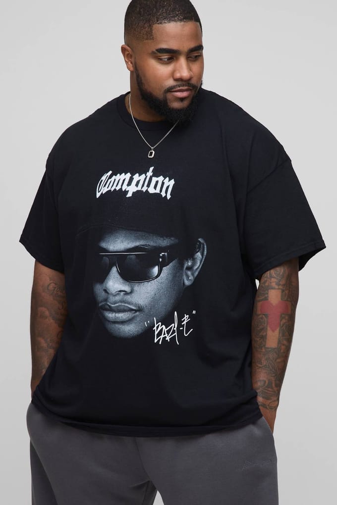 Plus Easy-E License Print Regular Fit T-Shirt | Black | Size 3XL