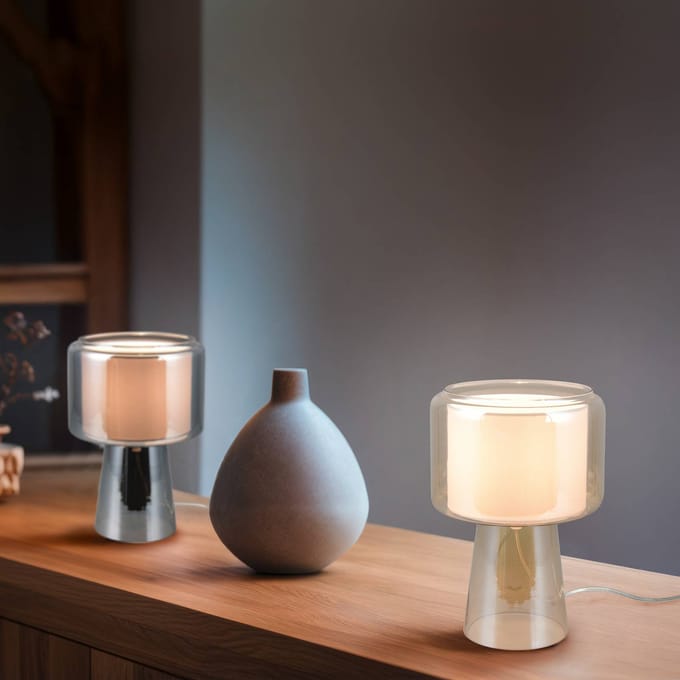 Trio Lighting tafellamp Rocka, chroom, hoogte 29 cm, glas/stof
