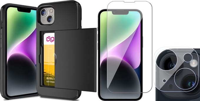 Hoesje met Pasjeshouder geschikt voor iPhone 15 Plus - Screenprotector GlassGuard & Camera Lens Screen Protector - Back Cover SlideCase Zwart