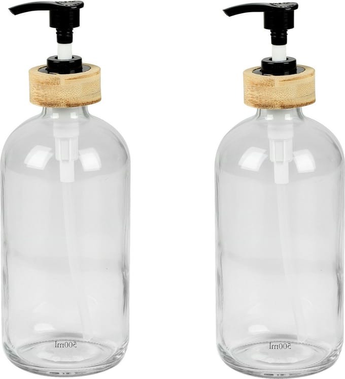 Urban Living Zeeppompje/zeepdispenser - 2x - glas/bamboe - transparant - 0.5 liter - 21 cm