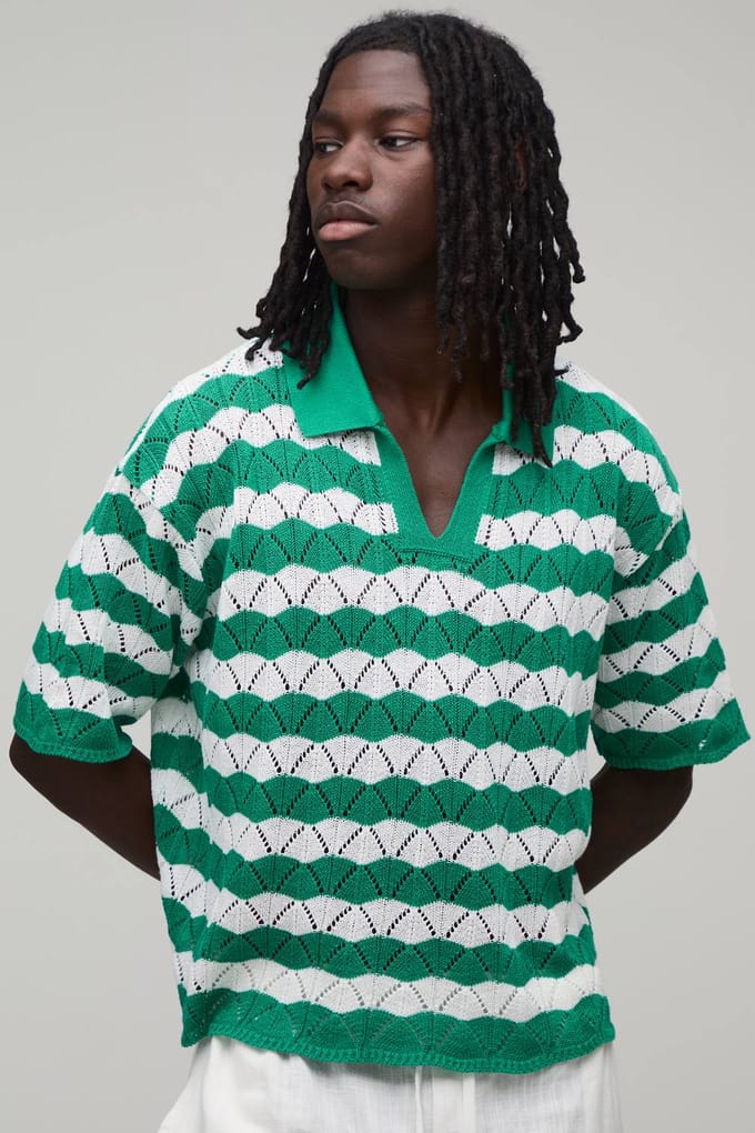 Oversized Boxy Wavy Open Stitch Knitted Polo T-Shirt | Green | Size Small