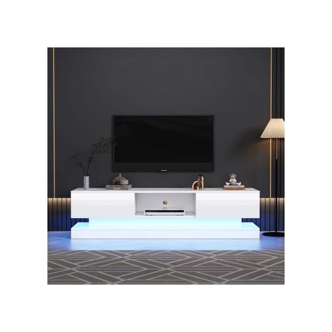 Meuble TV - MUVOE - 160x35x40.5 cm - Blanc brillant - 2 tiroirs - Éclairage LED contrôlé par application blanc