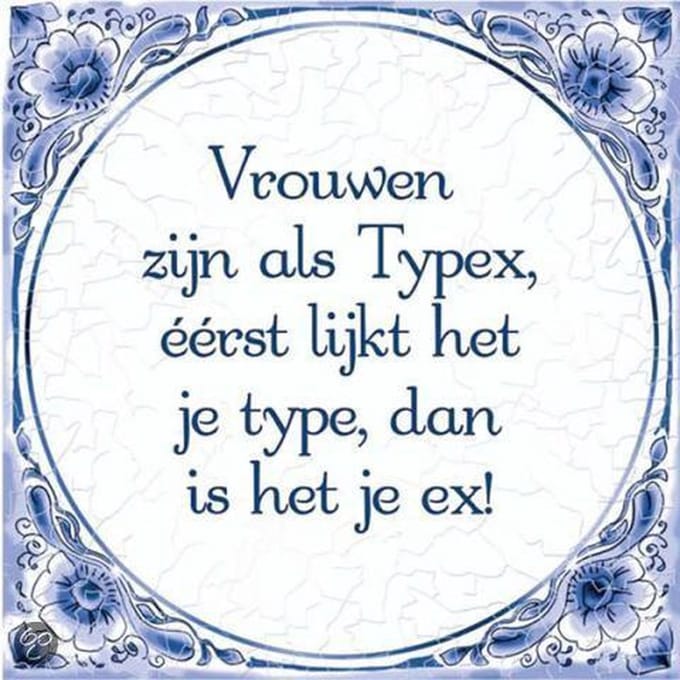 Delfts Blauwe Spreukentegel - Vrouwen zijn als Typex, éérst lijk het je type dan is het je ex!