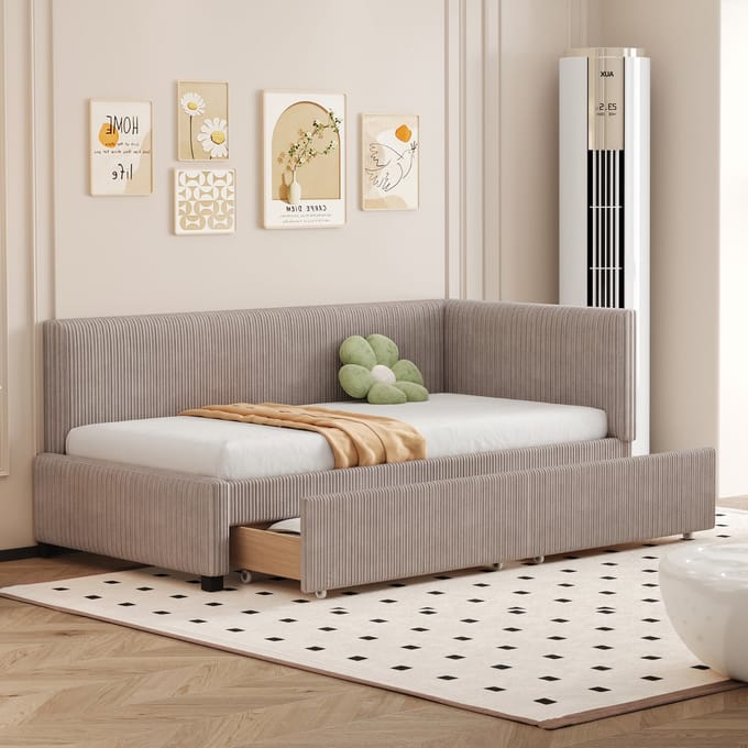 Gestoffeerd Bed - 90x200 cm - Multifunctioneel Slaapbank Met 2 Grote Laden - Fluweel - Grijs