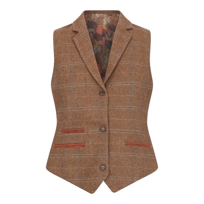 Dames Oak Brown Tailored Fit Tweed Gilet met Visgraatmotief