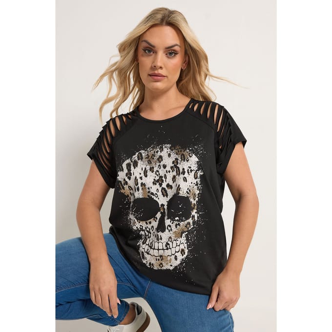 Yours Zwart Tshirt Met Schedelprint En Lasercut Details Size 50-52