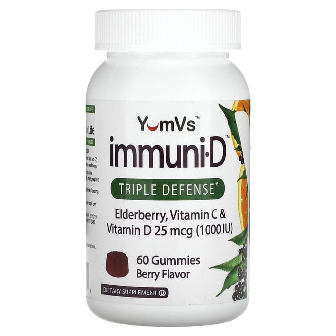 YumVs, vlierbes, vitamine C en vitamine D, drievoudige verdediging, bessensmaak, 60 gummies