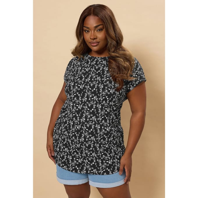 Yours Zwart Tshirt Met Bloemenprint En Korte Mouwen Size 46
