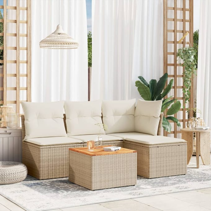 vidaXL - 5-delige - Loungeset - met - kussens - poly - rattan - beige