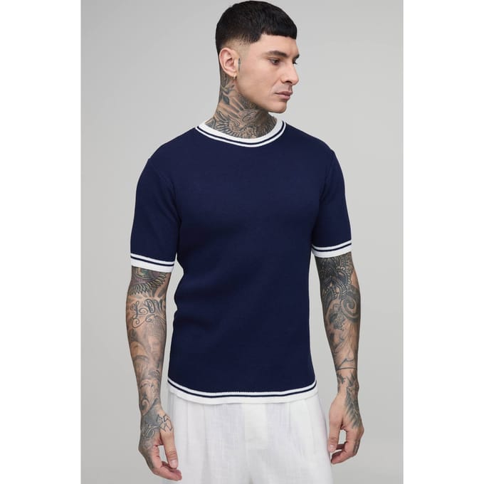 Lang Getailleerd Gebreid T-shirt Van Katoenmix Met Getipt Detail | Navy | Size Medium