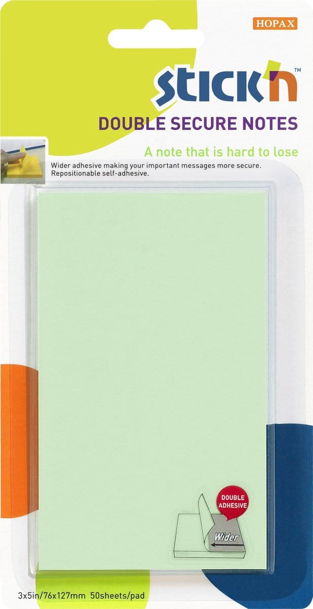 Stick'n sticky notes - extra brede lijmlaag, 76x127mm, groen, 50 memoblaadjes