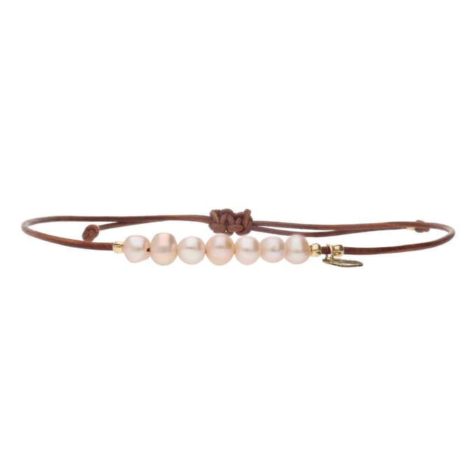 Bela Donaco - Enkelbandje Basic B6 – Orchid Parels – old School leer – 24K Verguld Sterling Zilver