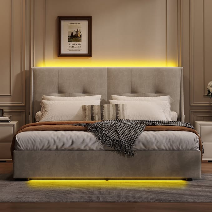 Tweepersoonsbed 140x200cm met Lattenbodem, LED, Boxspringbed, Hydraulisch Bed met Opbergruimte, Beige