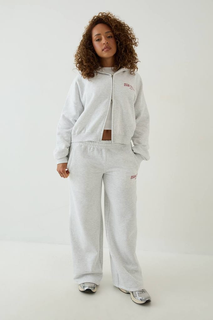 Dames Dsgn Studio Collegiate Bedrukte Rechte Pijp Joggingbroek | Asgrijs | Maat: Medium