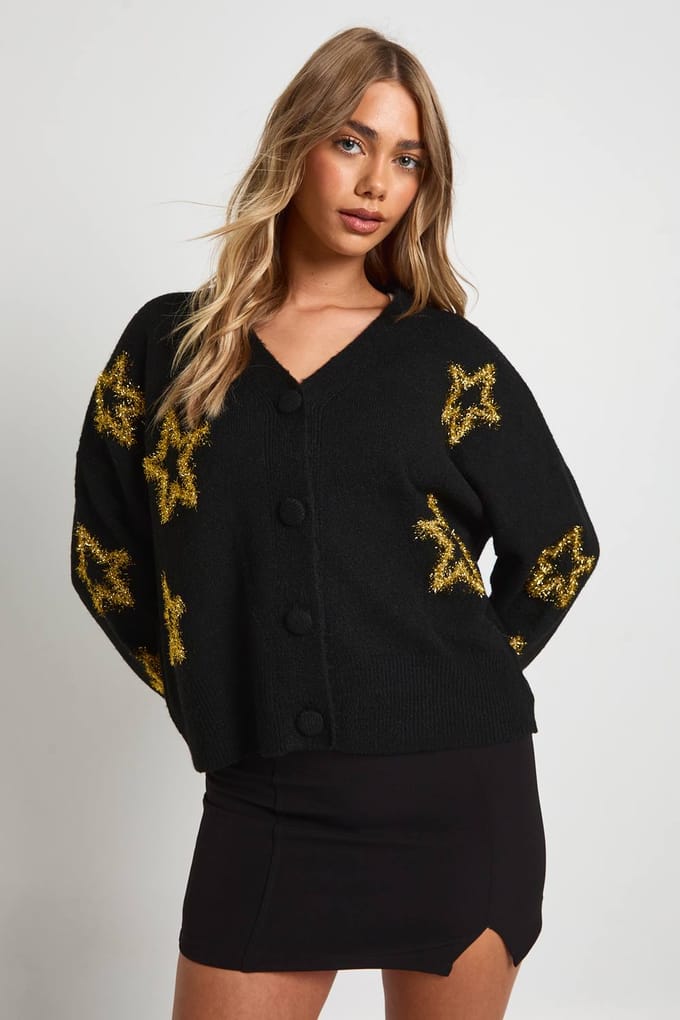 boohoo Dames Star Tinselprint Oversized Gebreide Cardigan | Black | Maat: Medium