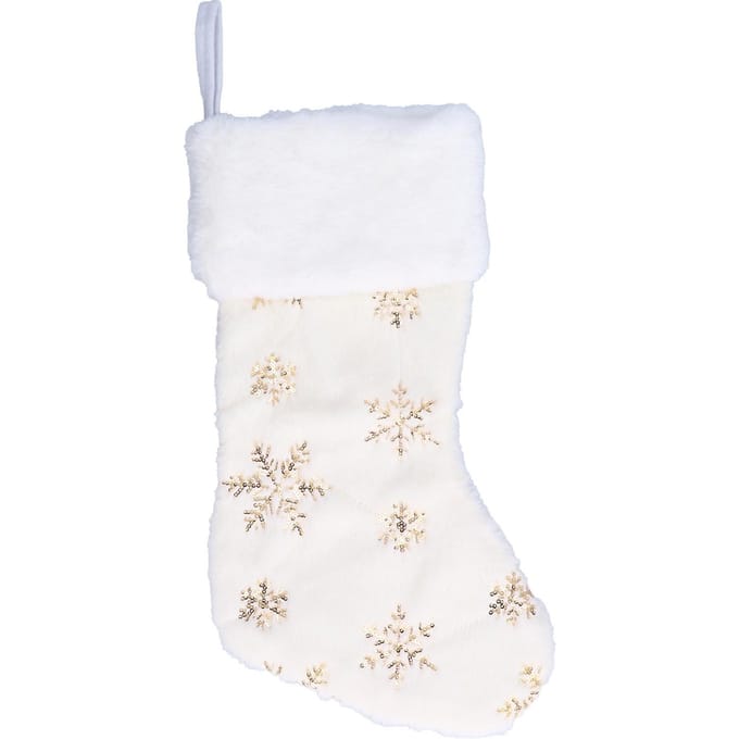 Pendentif Chaussette de Noël en Polyester avec Motif Brodé Flocon de Neige Décoration Arbre de Noël white