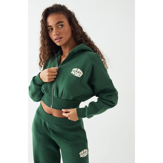 Dames DSGN Studio Sport Bubble Print Boxy Crop Ritshoodie | Forest | Maat: Large