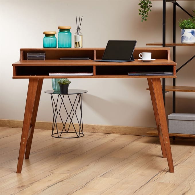 Bureau LUNA met 2 open vakken, van massief hout in kastanjekleur