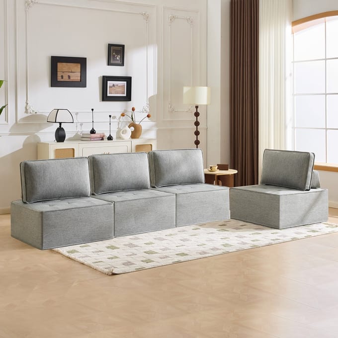 MODFU Modulaire Relaxfauteuil - Flexibel Te Combineren - Modern - Voor Kleine Ruimtes - Multiplex En Linnen - Lichtgrijs