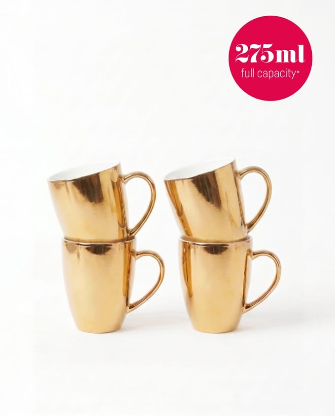 vtwonen - Set van 4 - Mokken met Oor - Goud - Porselein - 275ml