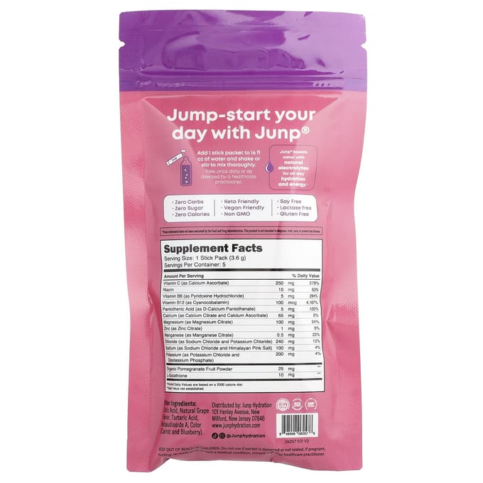 JUNP Hydratatie, Elektrolyten Poedermix, Druif, 5 Stick Packs, 3.6g (0,13 oz) Elk