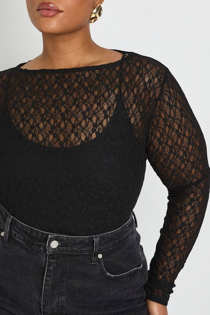 boohoo Dames Plus Kanten Lange Mouw Bodysuit | Zwart | Maat: 48
