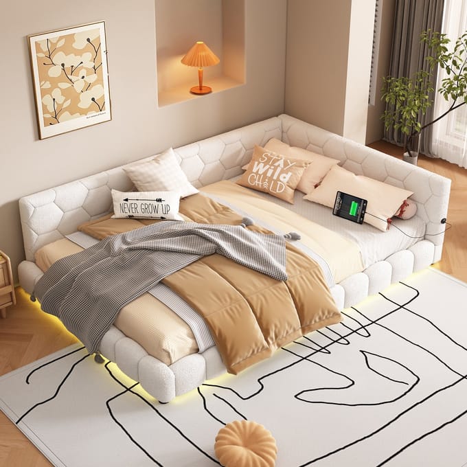 MODFU Bedframe 140x200 cm van MDF en stof – met lattenbodem, LED-licht, USB & Type-C – wit – dagbed met sfeerverlichting