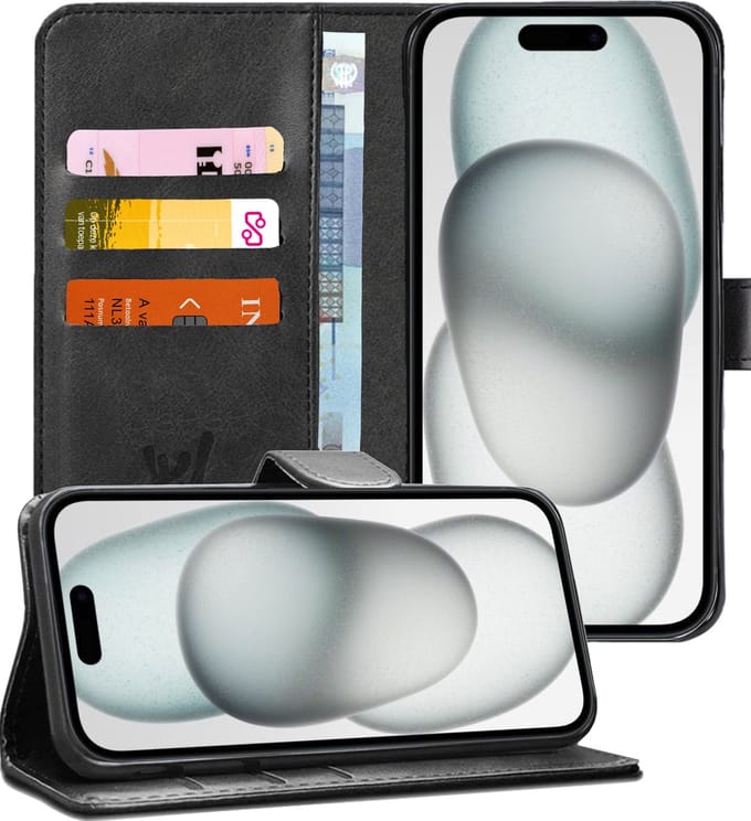 Hoesje geschikt voor iPhone 15 Plus - Book Case Kunstleer Pasjeshouder Zwart