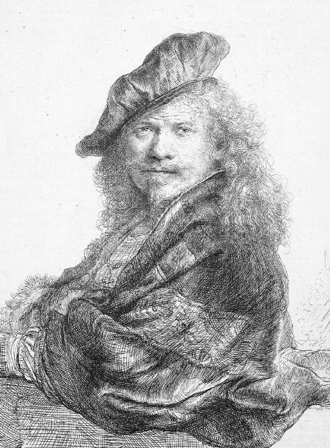 Schetsboek, Rembrandt, ets, leunend op een stenen dorpel