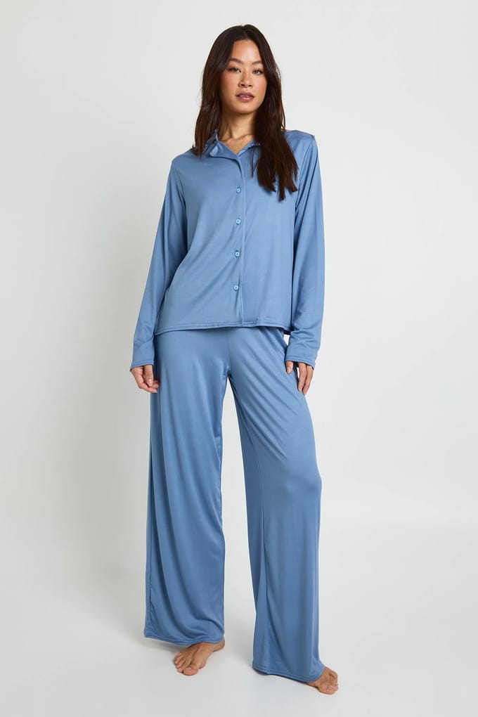 boohoo Dames Lang overhemd met lange mouwen & broekpyjamaset | Dusty Blue | Maat: 8