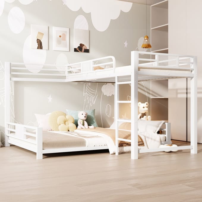 Stapelbed - 90x200 & 140x200 cm - L-Vorm Design - Ruimtebesparend - Metaal - Wit