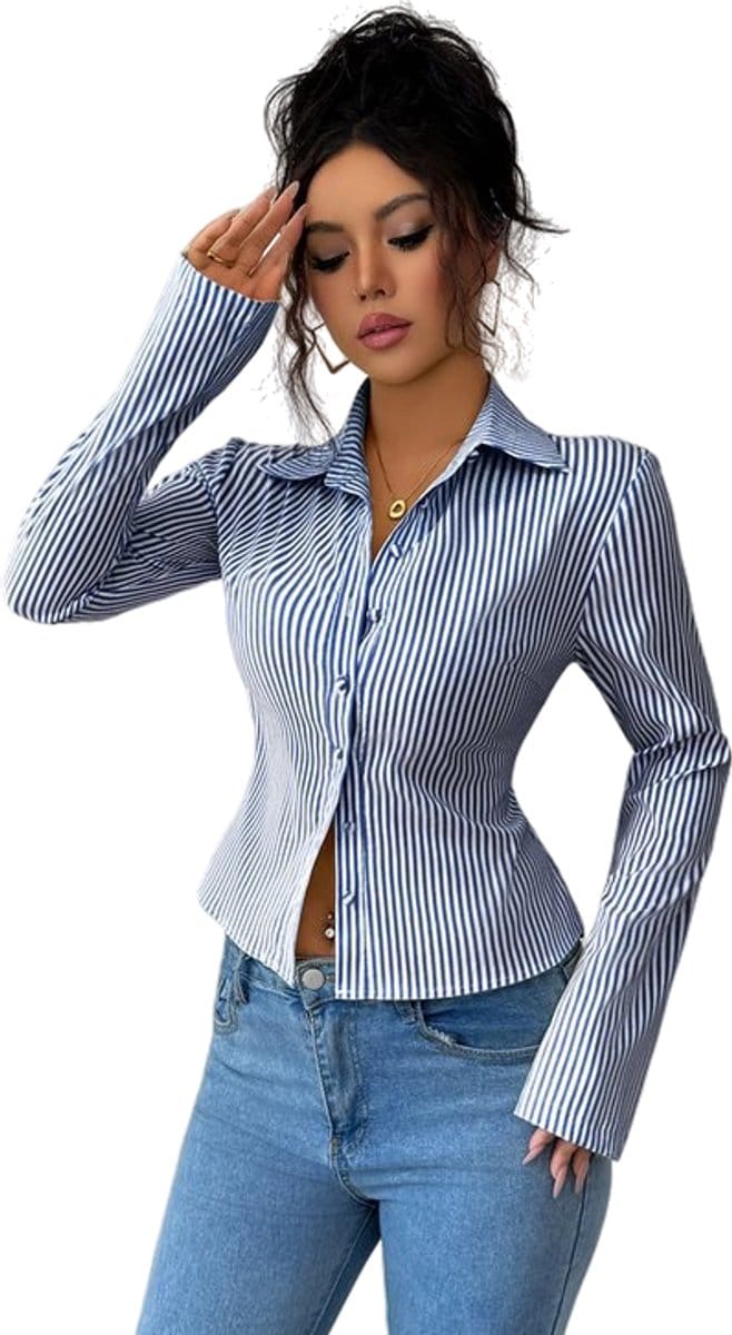 Getailleerde Blouse Gestreept - Blauw - Wit - Overhemd