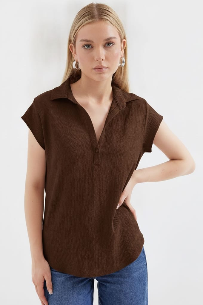 Gestructureerde Mouwloze Poloshirt Blouse