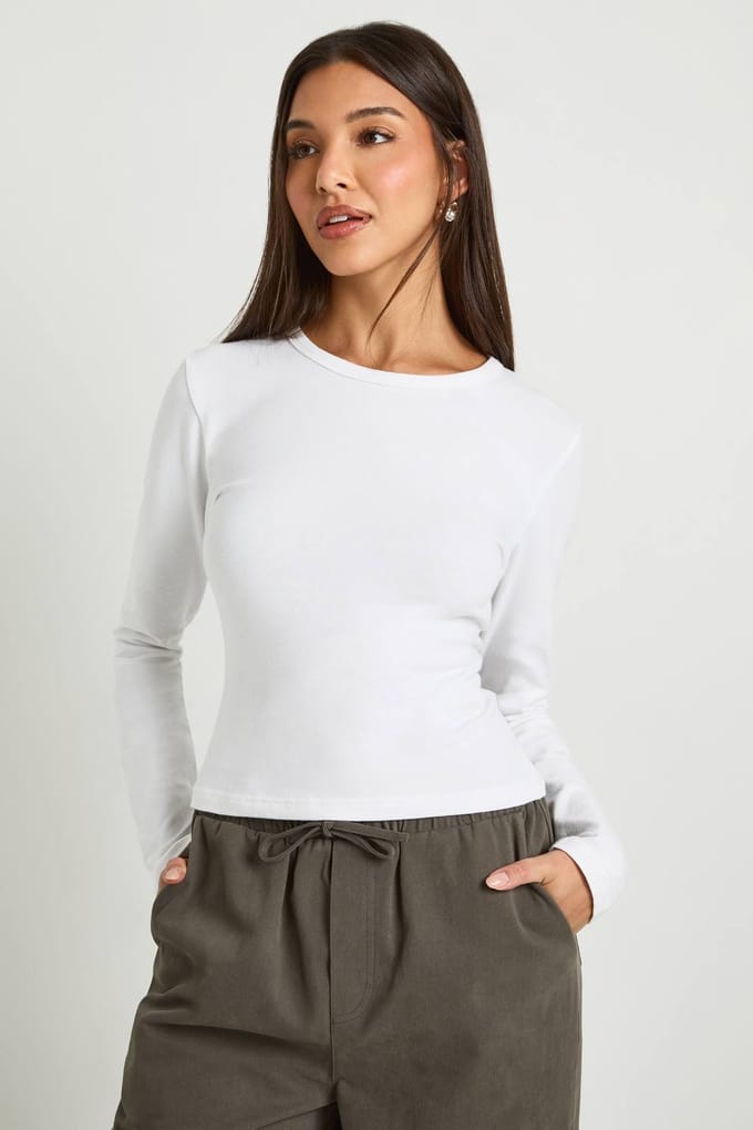 boohoo Dames Basis getailleerde top met lange mouwen | Wit | Maat: 36