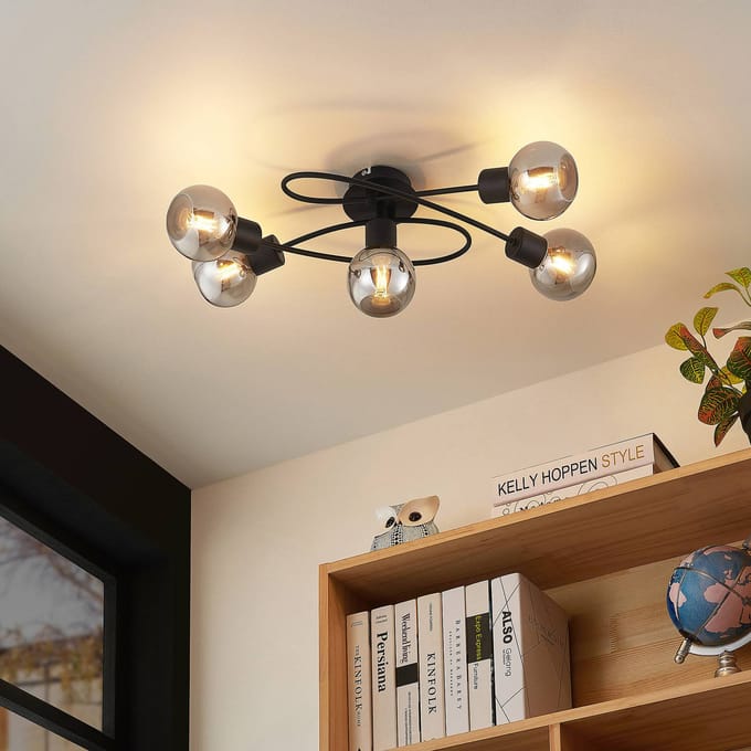 Lindby - plafondlamp - 5lichts - Ijzer, glas - H: 19 cm - E14 - zwart, rook