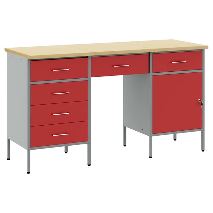 vidaXL - Werk - Cabinet - met - lade - 3 - st - Rood - Engineered - hout - en - staal