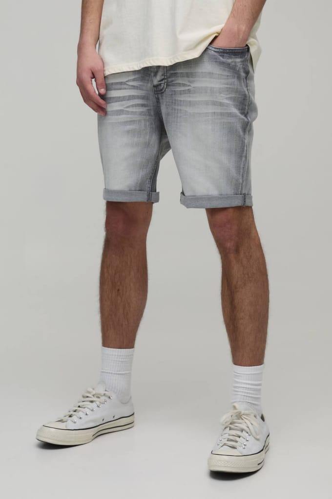 Skinny Stretch Zwaar Gebleekte Gescheurde Denim Shorts | Ice Grey | Size 36