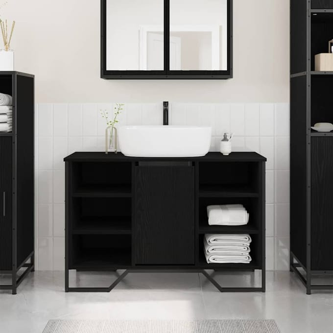 vidaXL - Wastafel - kabinet - voor - de - badkamer - Zwart - Eiken - 91 - x - 35 - x - 60 - cm