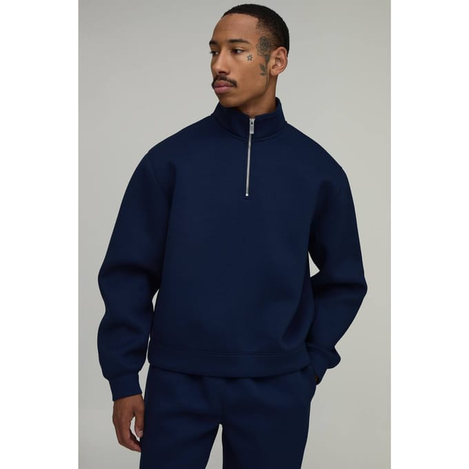 Oversized Boxy Sweatshirt Met 1/4 Rits En Hoge Kraag In Scuba Kwaliteit | Navy | Size Medium