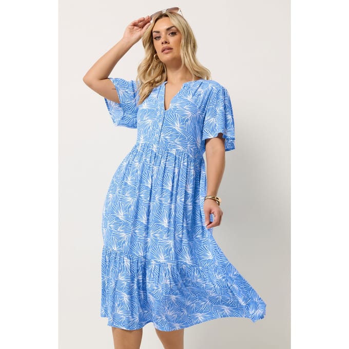 Yours Blauwe Schelpenprint Jurk Met Laagjes Size 42