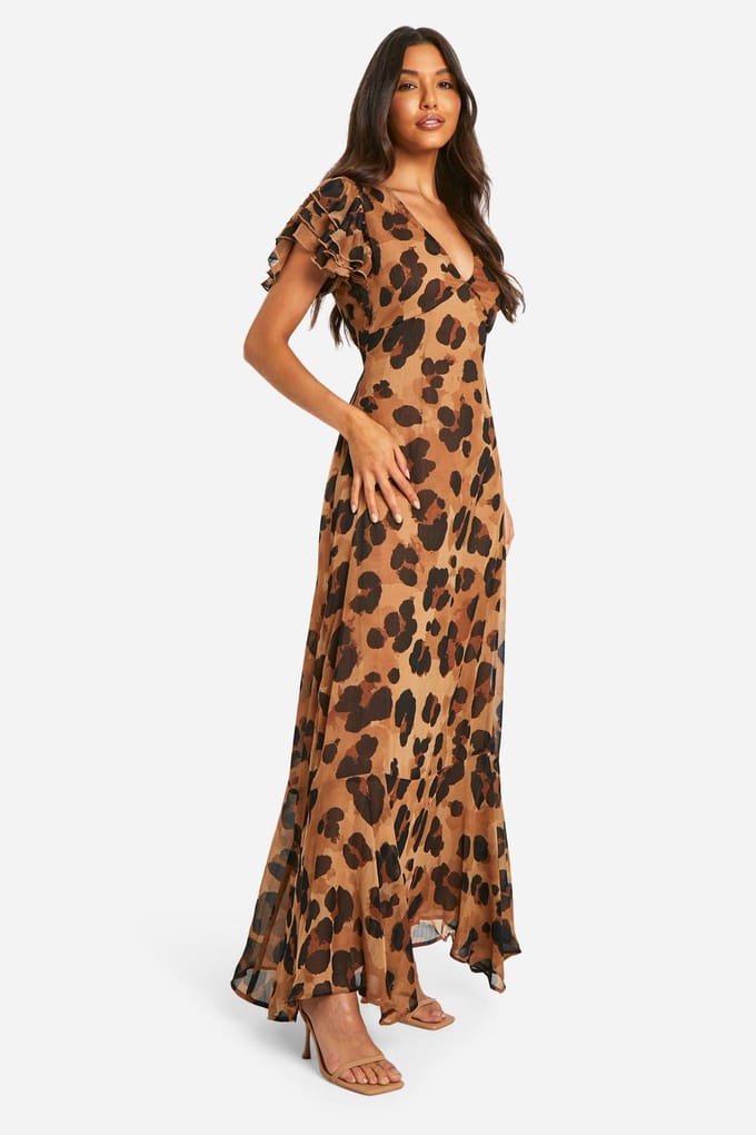 boohoo Dames Luipaard Crinkle Chiffon Engelenmouw Maxi Jurk | Brown | Maat: 8