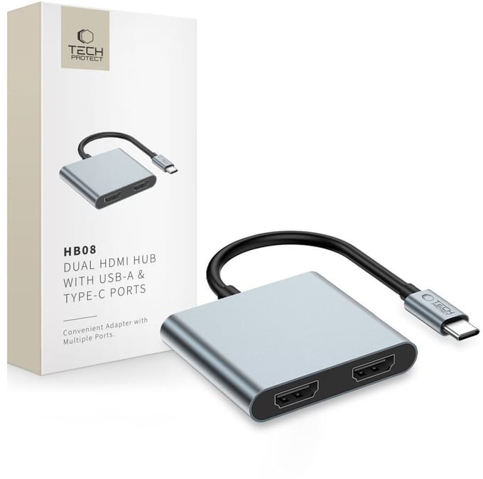 Tech-Protect HB08 4-in-1 USB-C + USB2.0 + 2 x HDMI 4K 60HZ Adapter - Grey USB hub - 2 - USB 2.0 - Grijs