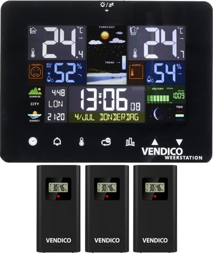 Vendico - Weerstation - Binnen & Buiten - Draadloos - Met Buitensensor - 3 sensoren - LCD Display