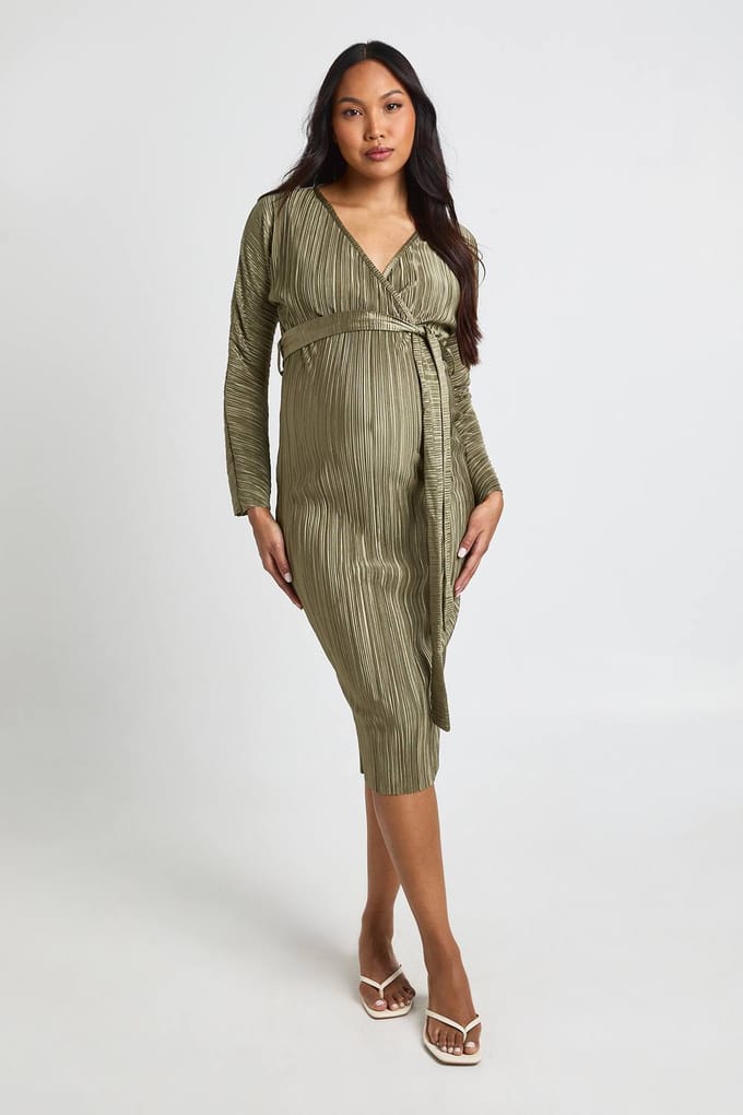 boohoo Dames Zwangerschaps Plisse Midi Jurk met Riem | Kaki | Maat: 36
