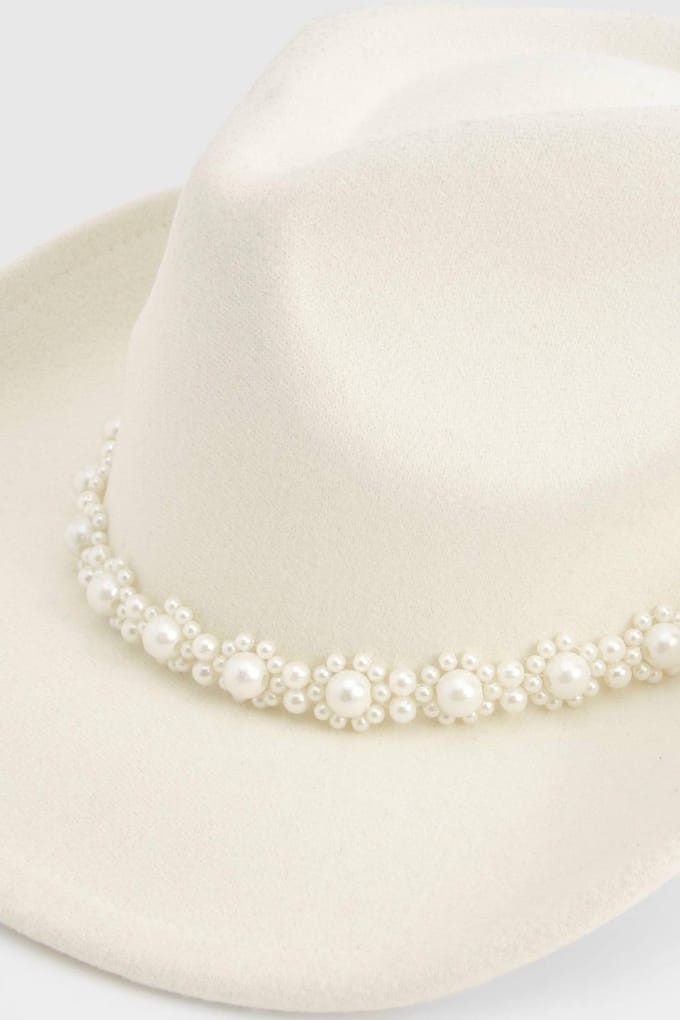 boohoo Dames Pearl Detail Western Cowboy Hat | Wit