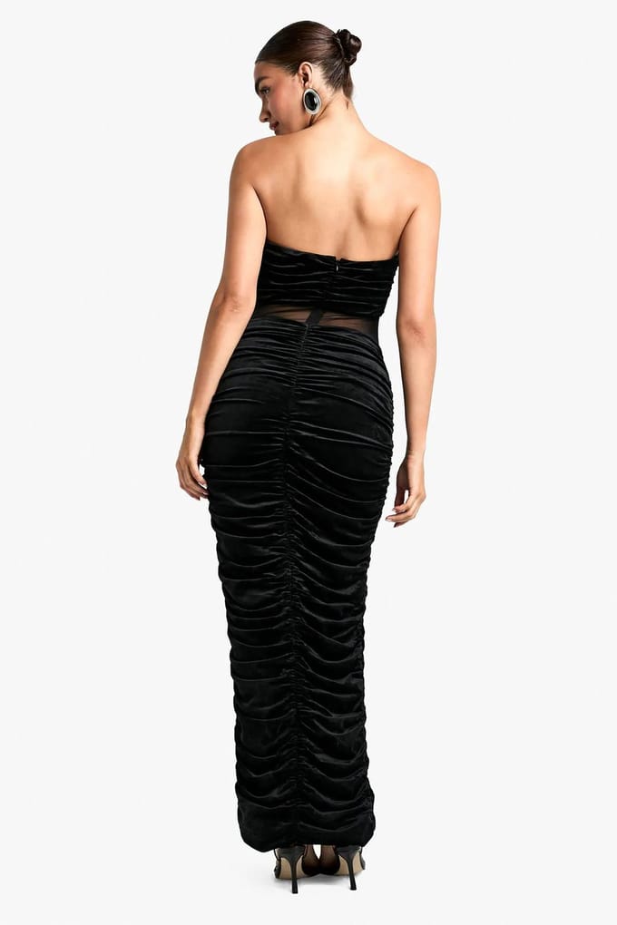 boohoo Dames Velvet Mesh Plunge Ruched Maxi Jurk | Black | Maat: 16