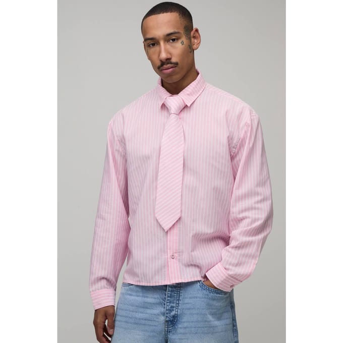 Oversized Boxy Gestreept Overhemd Met Stropdas | Pink | Size XL